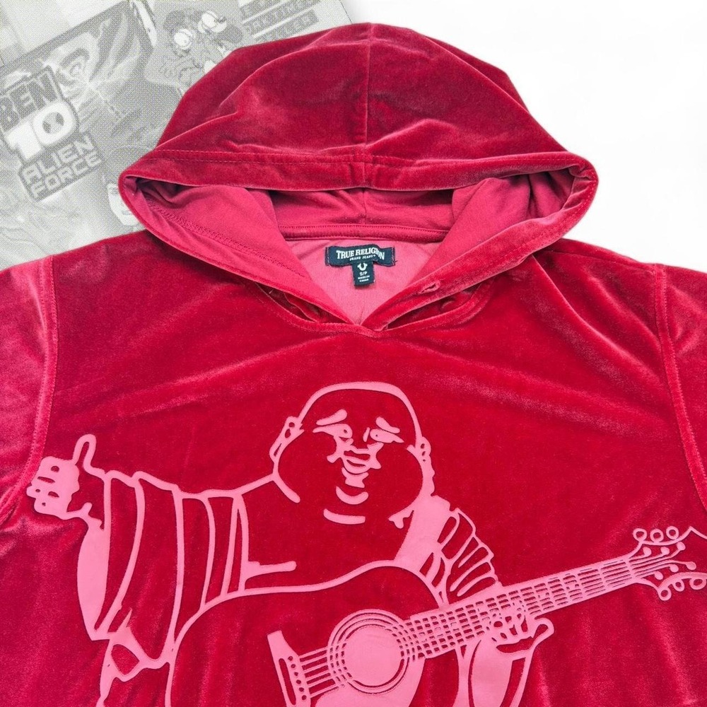 True Religion Red Graphic Soft Juicy Couture type velour Pullover Hoodie - Picture 2 of 5